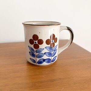 Vintage Stoneware Floral Mug Blue Brown Flowers Speckled Pottery Coffee Cup